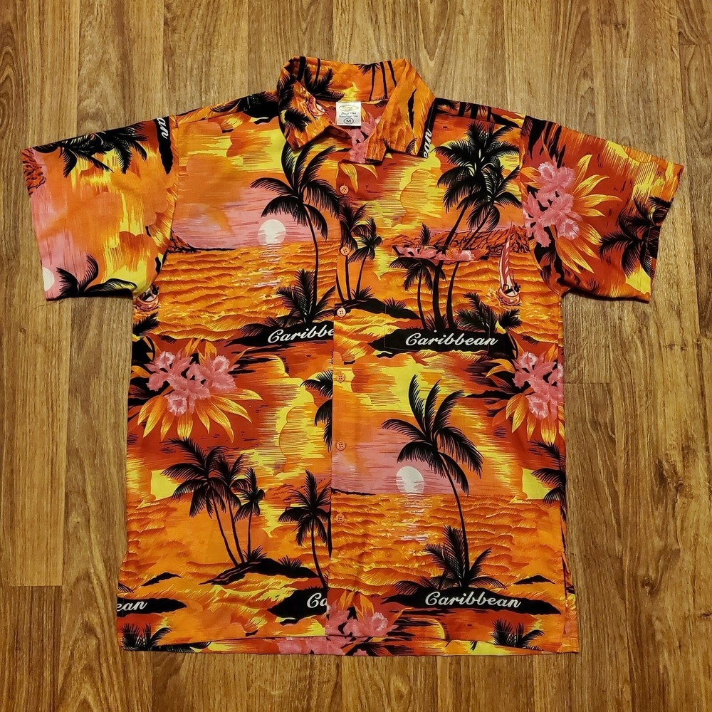 Hawaiian Shirt Rima BeachWorld Adult Medium Orange Sunset Caribbean Vacation